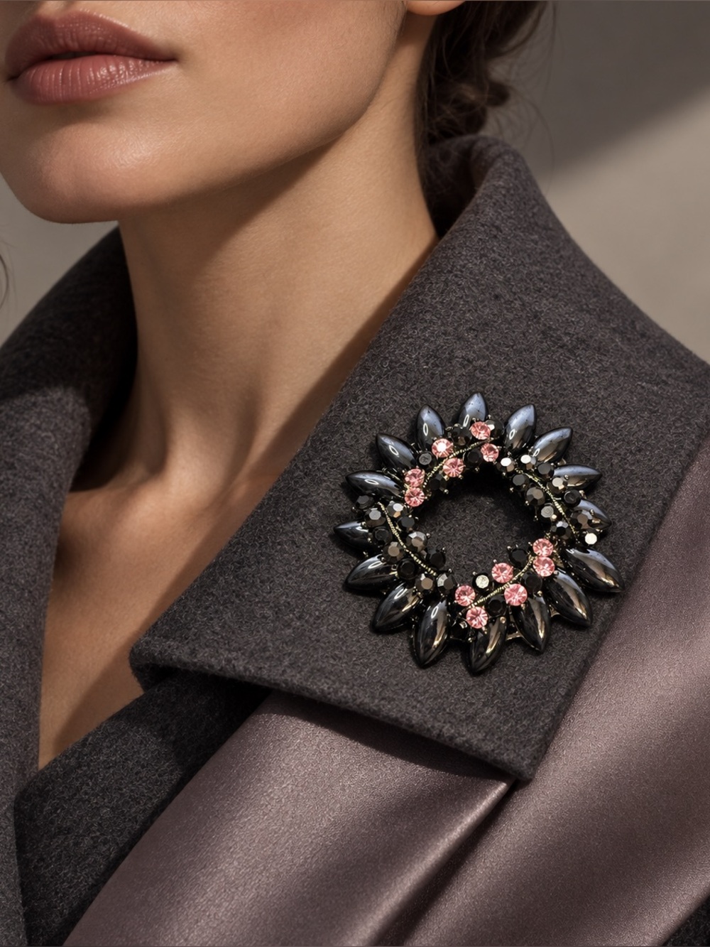 Glam Black & Pink Rhinestone Wreath Brooch